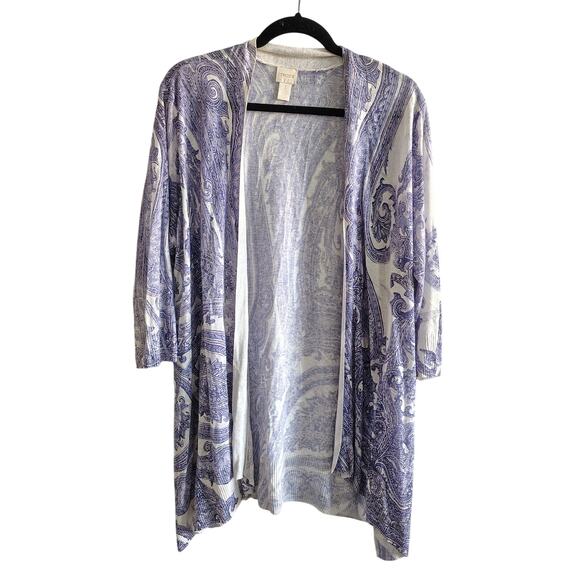 Chico's Plus Size 3 US XL Purple Paisley Linen Open Front 3/4 Sleeve Cardigan - Picture 1 of 7